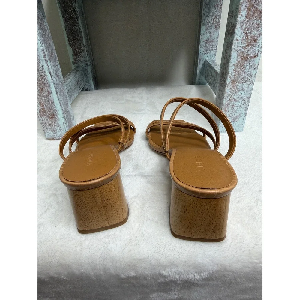 Vince Elita Sandal Womens 7M Tan Croc Embossed Leather Strappy Block Wood Heel